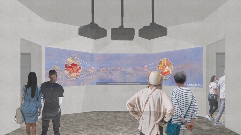 The exhibition features a video projection space where visitors can learn about the many layers of Monet’s canvases, illustrated here in a concept rendering.