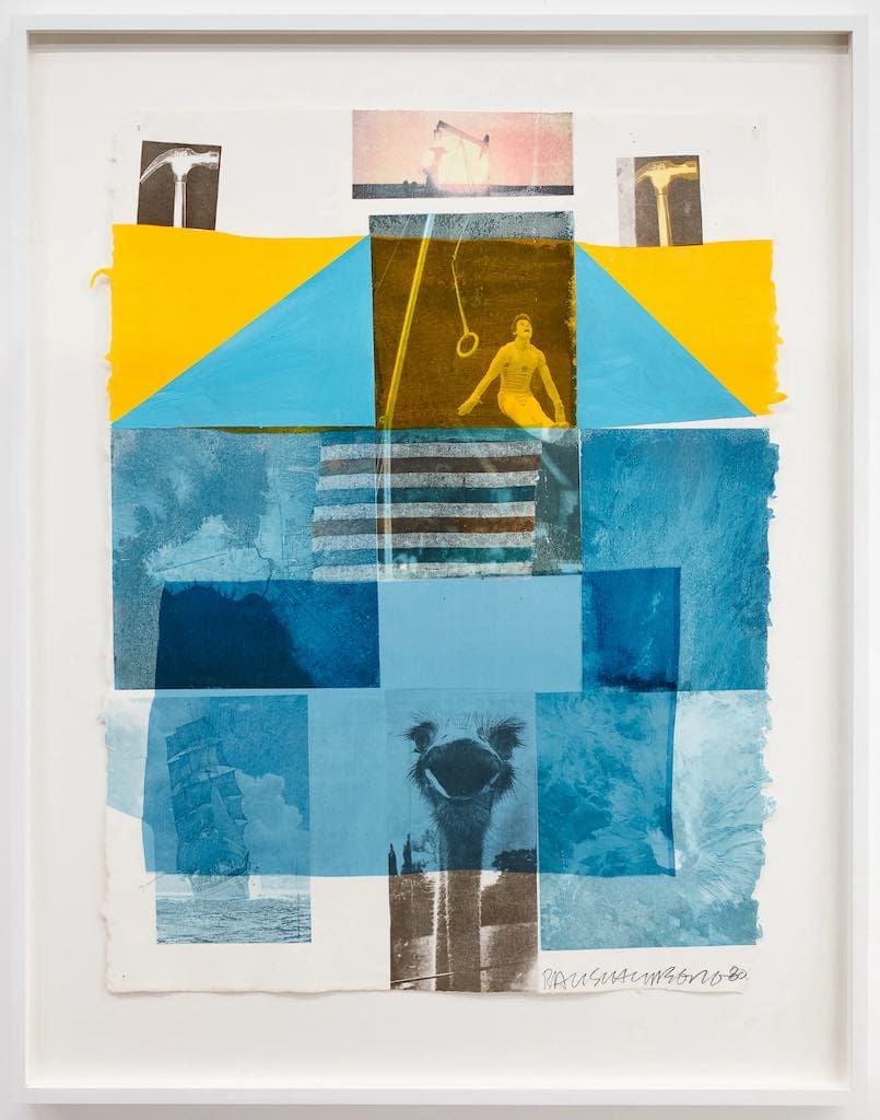 Robert Rauschenberg Flue, 1980 Signed and dated in pencil recto lower right corner »RAUSCHENBERG 80«. Solvent transfer, acrylic and collage on paper 80.6 x 62.2 cm/ 31.7 x 24.5 in. [h x w]